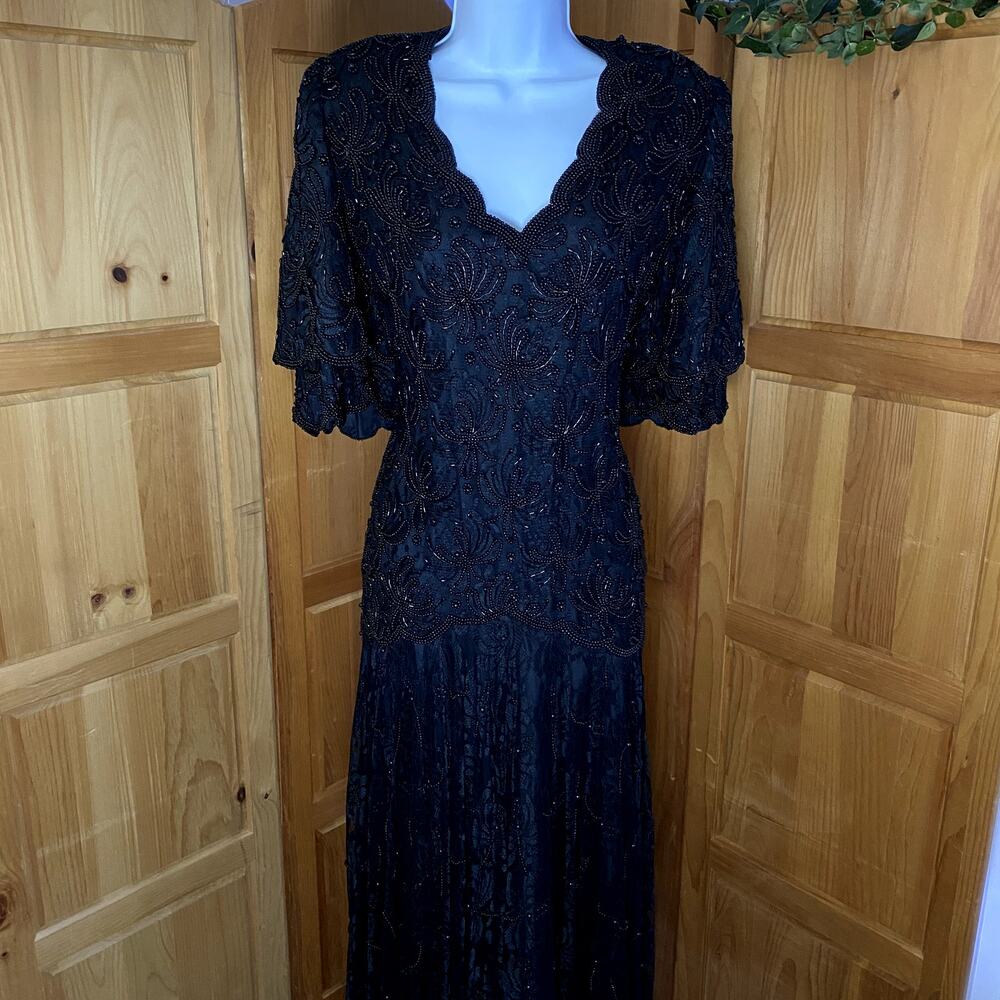 1980s‎ Old Hollywood Gatsby Style Vintage Black Beaded Gown